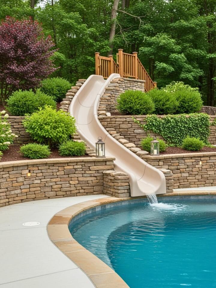 stone wall slide for a rustic outdoor pool