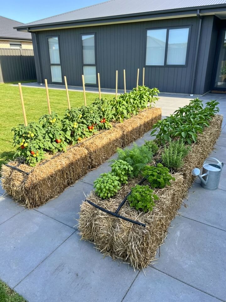 straw bale vegetable garden setup