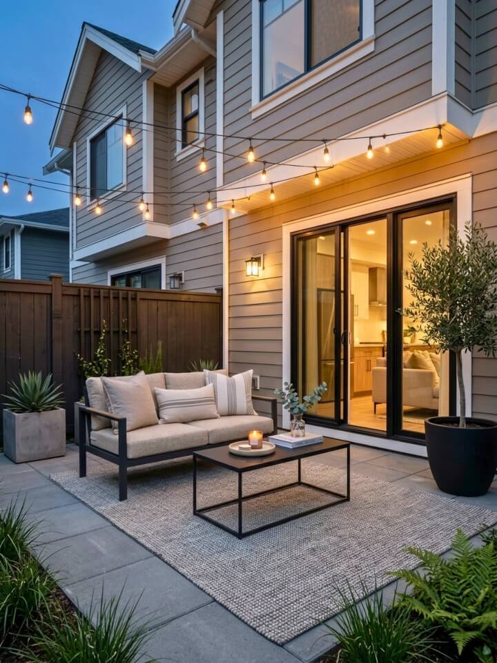 string light canopy for townhouse patio evenings