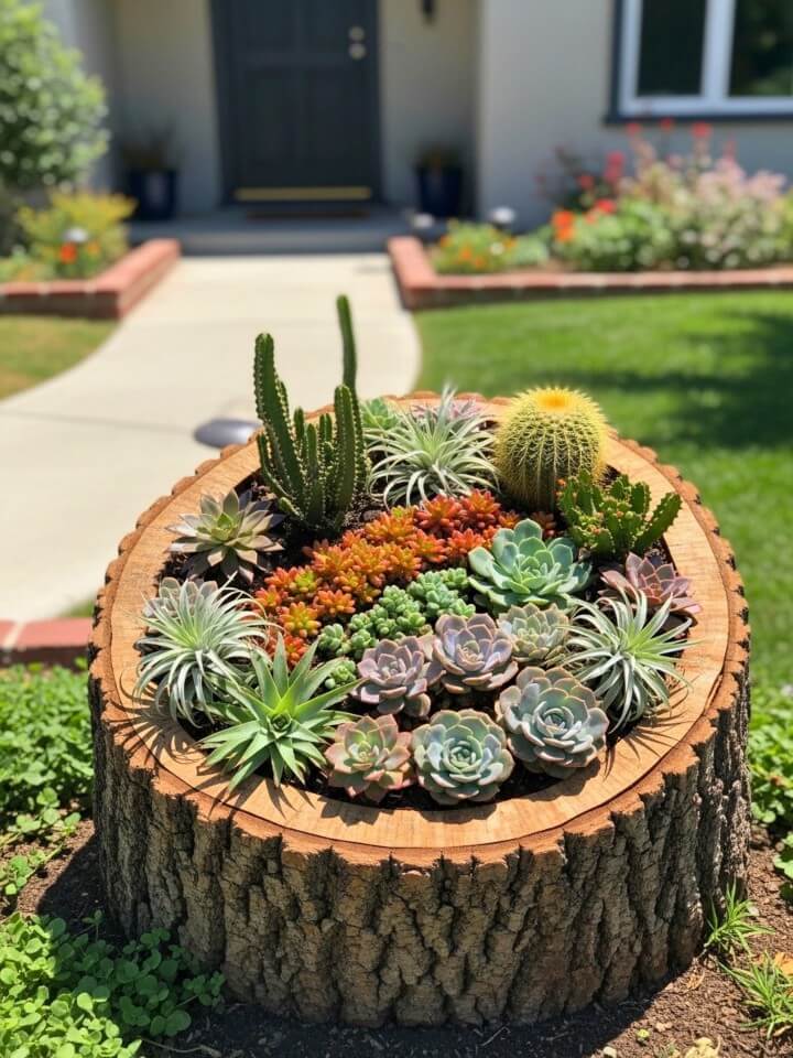 succulent display tree stump for sunny yards