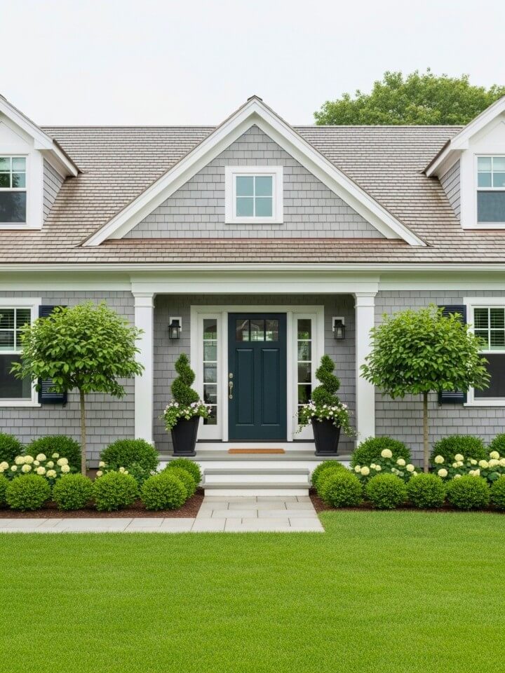 symmetrical entry landscaping for a cape cod home