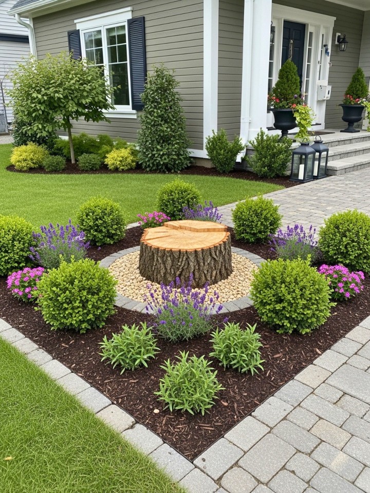 symmetrical formal garden tree stump decor for front yard
