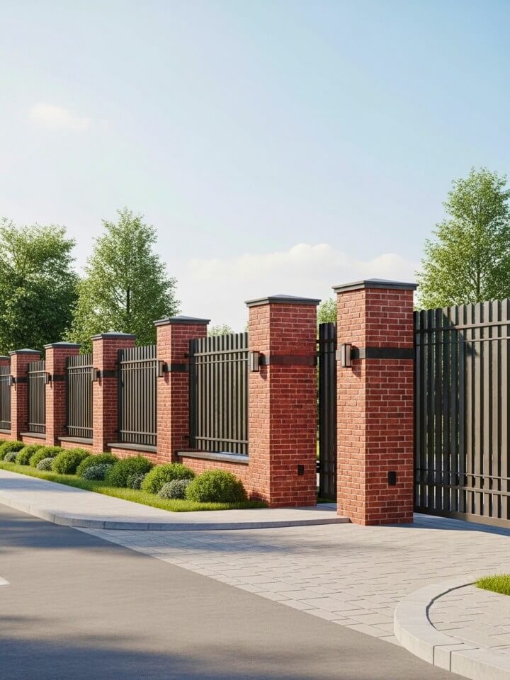 tall brick security fence with iron gate design