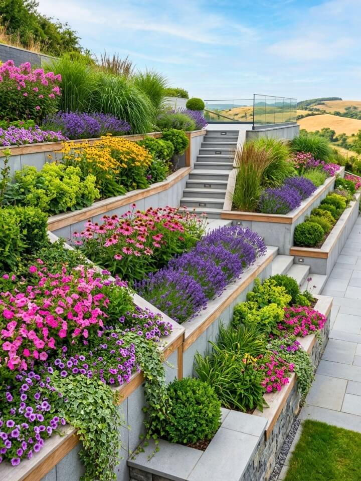terraced garden sloped yard structured landscaping