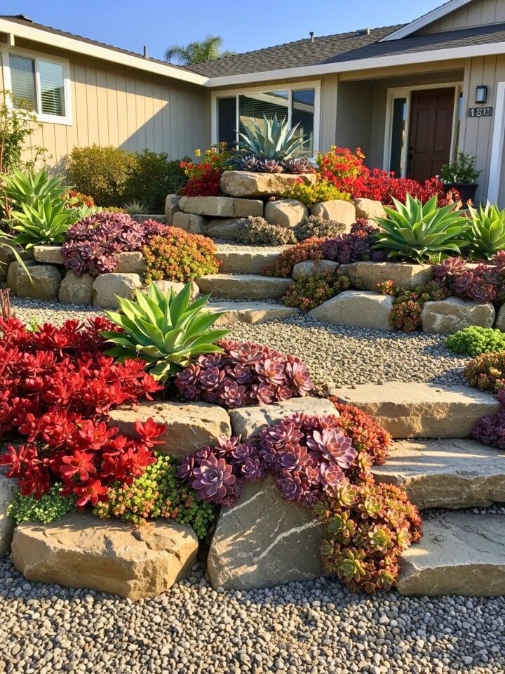 terraced rock garden for sloped yard style