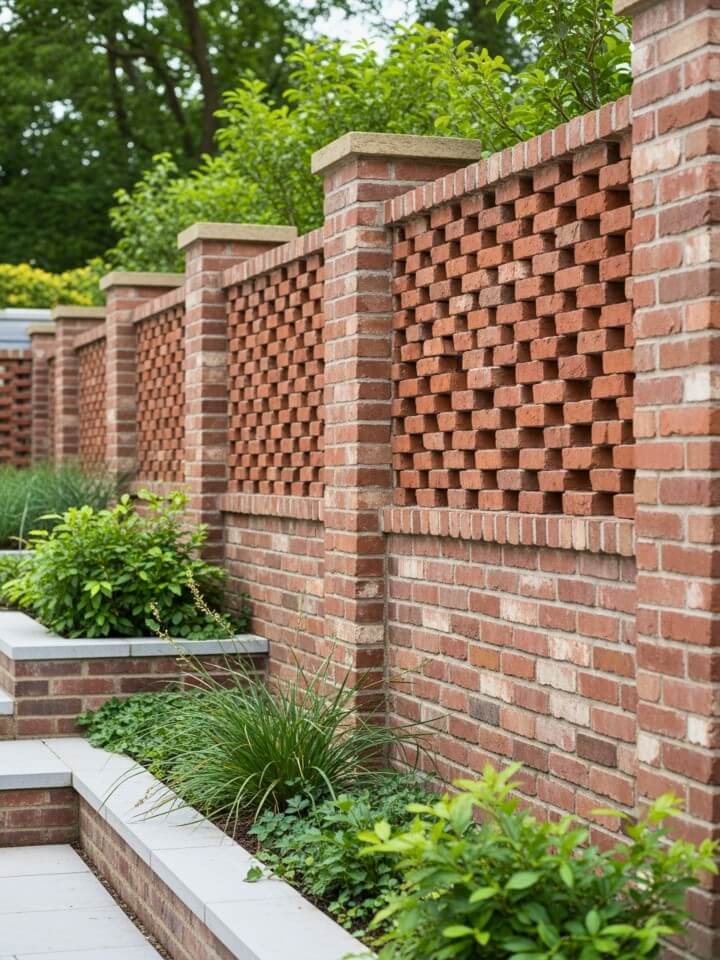 textured brick fence with decorative pattern