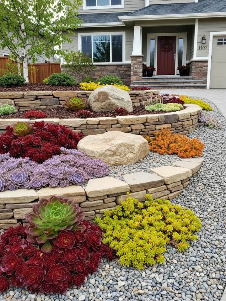 tiered stone walls for a sloped succulent front yard