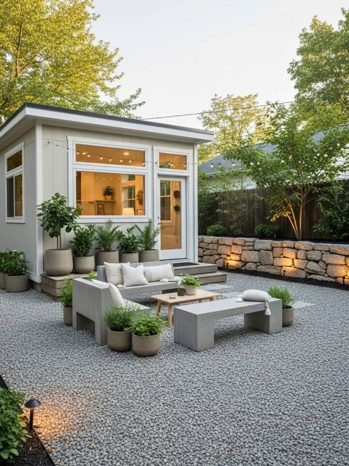 tiny house beside a gravel courtyard