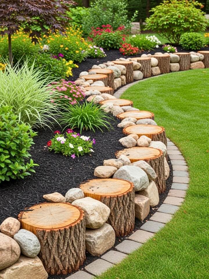 tree stump and rock mulch garden border