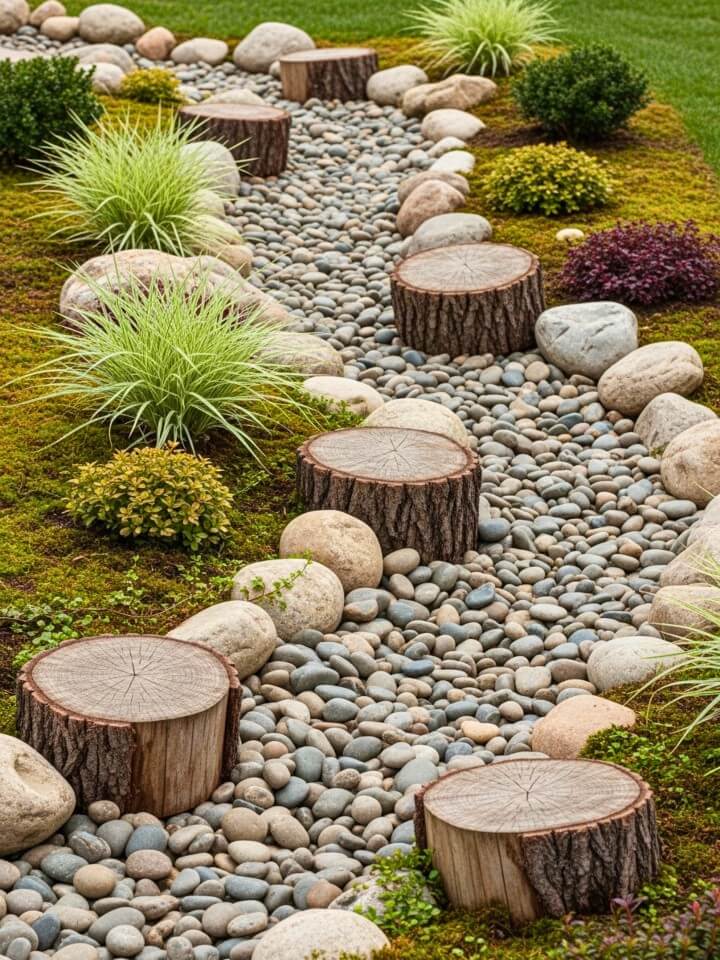 tree stump dry creek bed landscaping