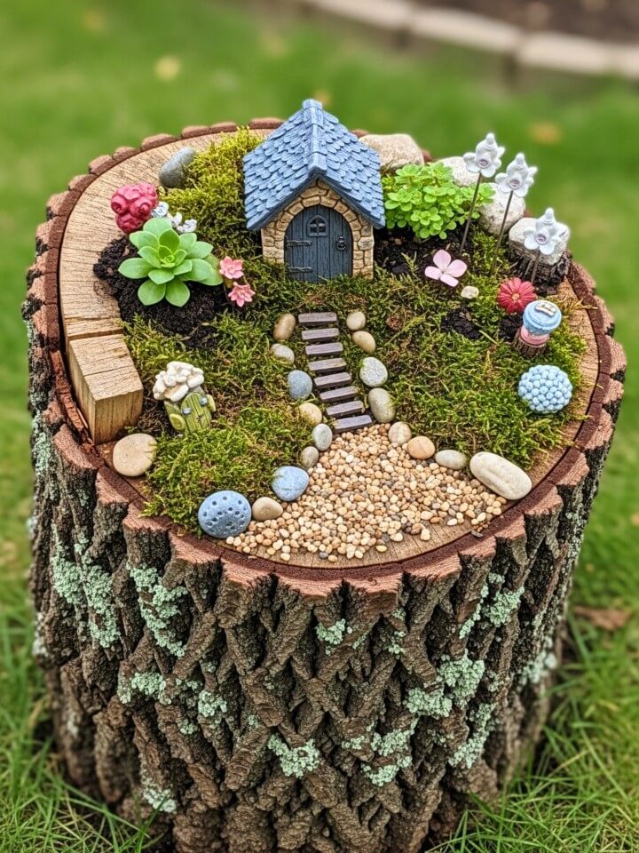 tree stump fairy garden design