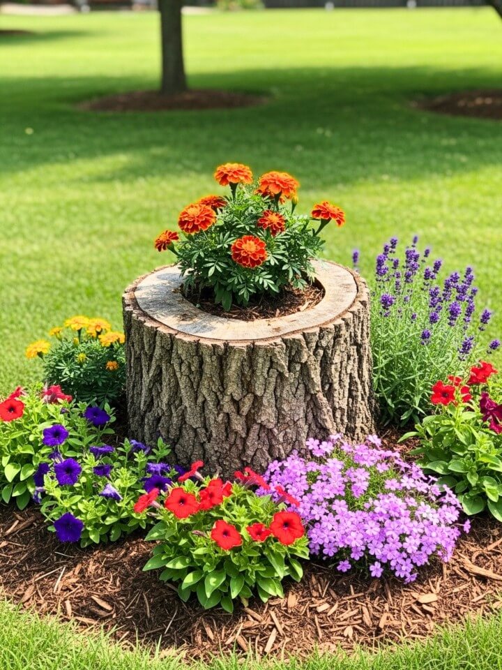 tree stump flower bed centerpiece