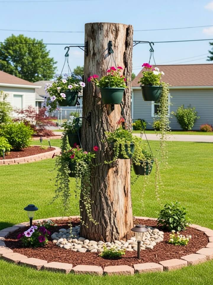 tree stump hanging planter display