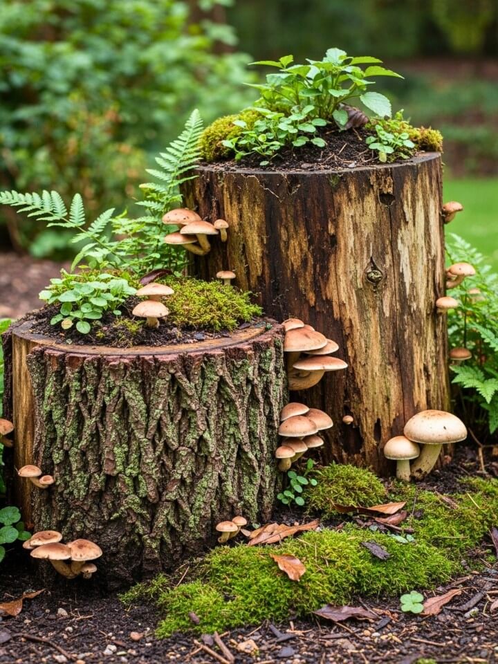 tree stump mushroom garden idea