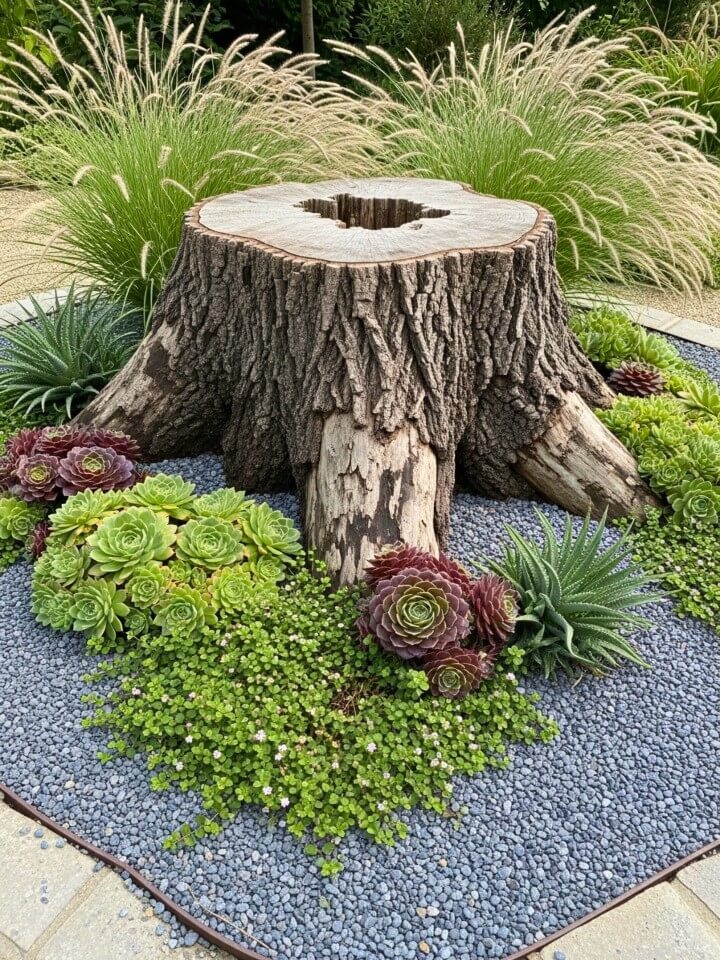 tree stump rock garden landscaping