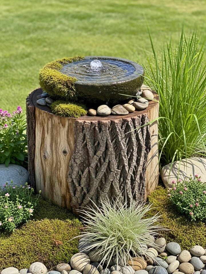 tree stump water fountain feature