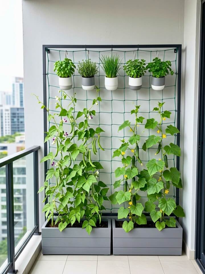 trellis net with hanging vegetables pots