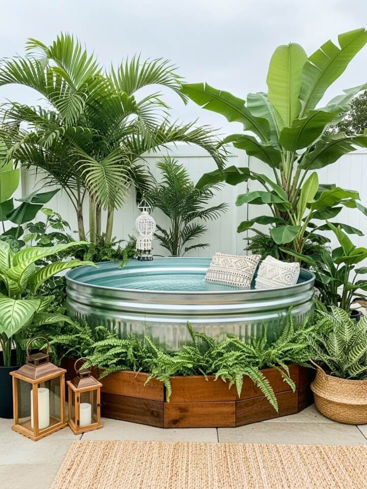 tropical backyard oasis with potted plants