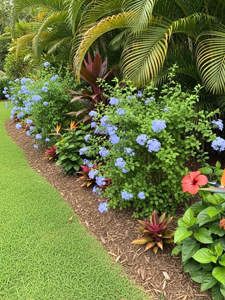 tropical garden borders featuring plumbago shrubs