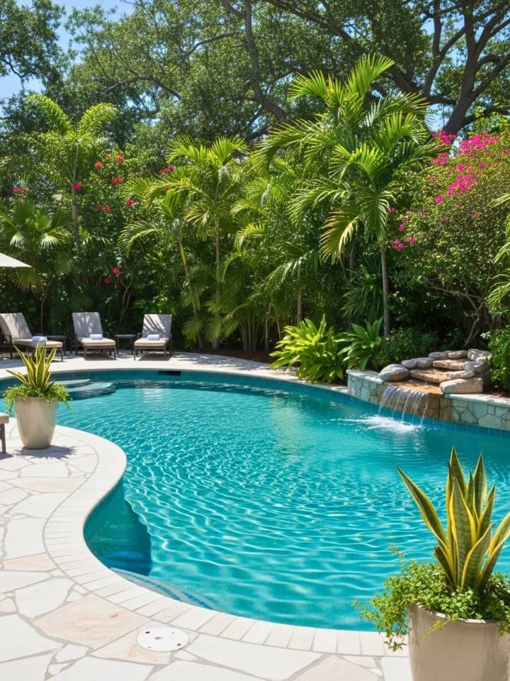 tropical kidney shaped pool border with lush greenery