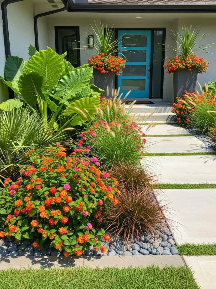 tropical lantana planting near the front entry