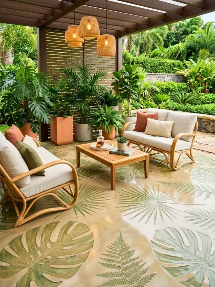 tropical leaf epoxy patio surface design