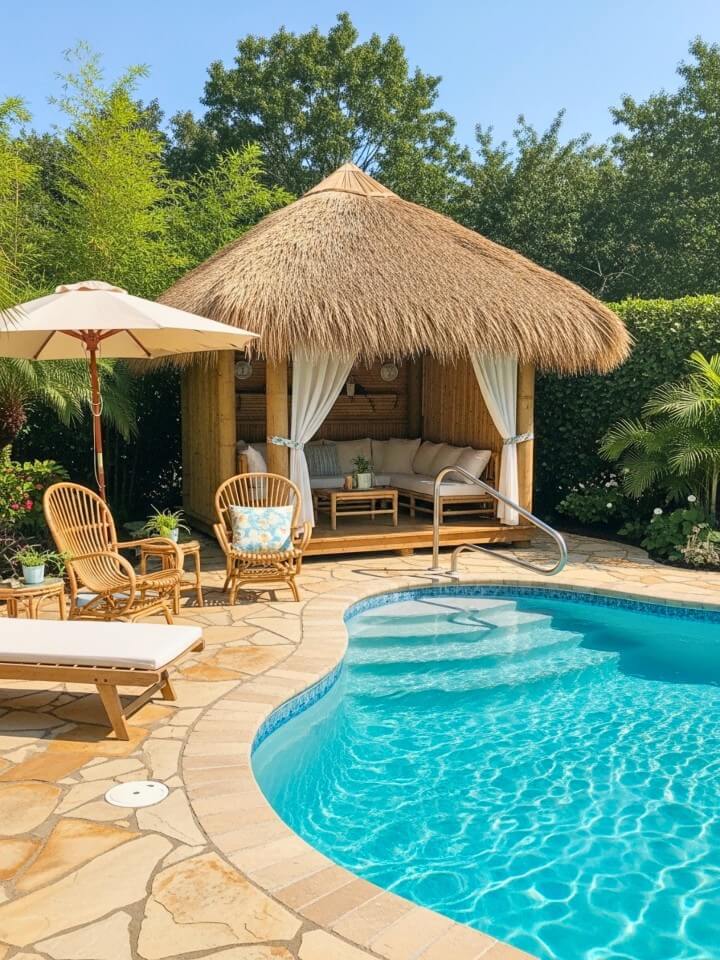 tropical pool cabana with a thatched roof
