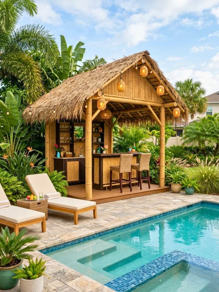 tropical tiki hut as pool shed