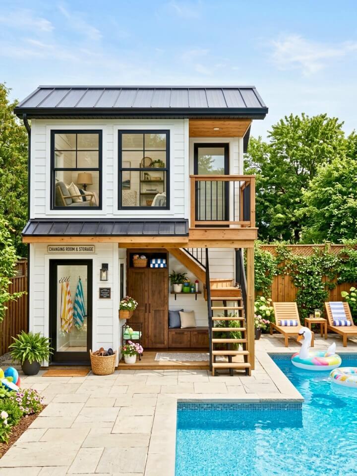 two story pool shed with loft