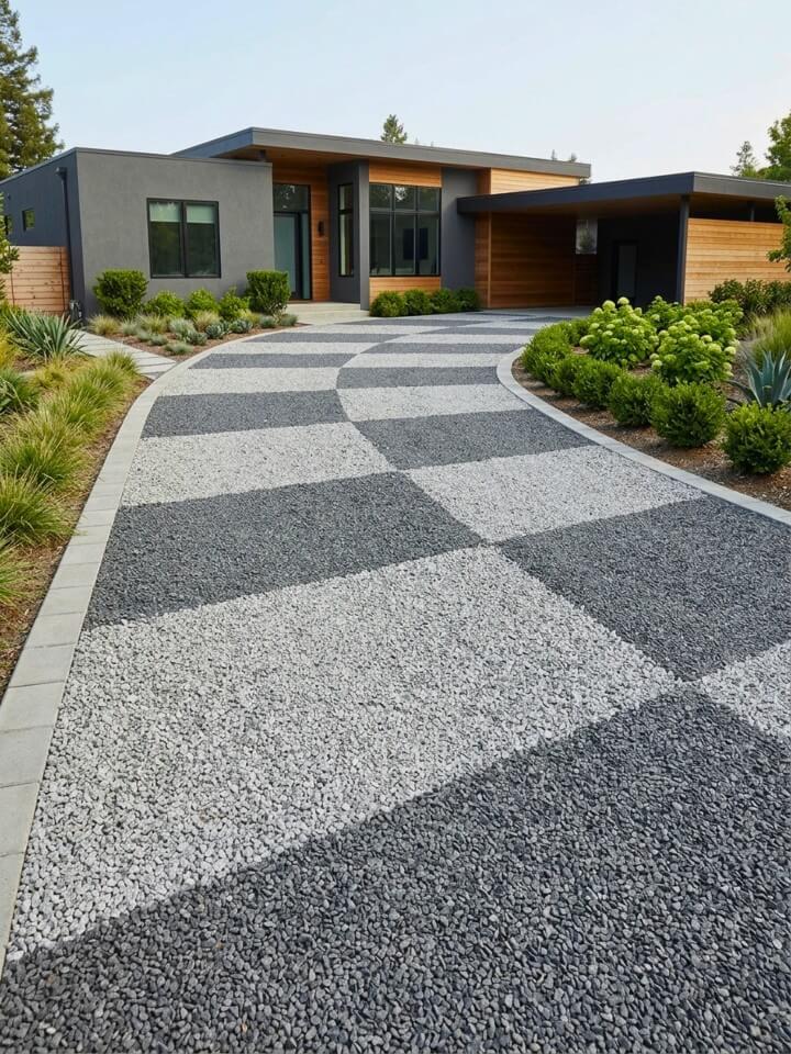 two tone gravel driveway design idea