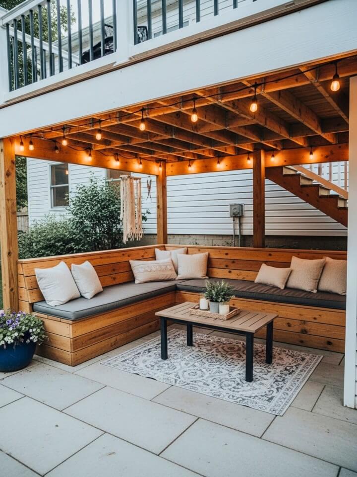 under deck cozy seating with string lights and bench