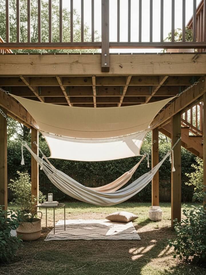 under deck hammock relaxation space with light shade cover