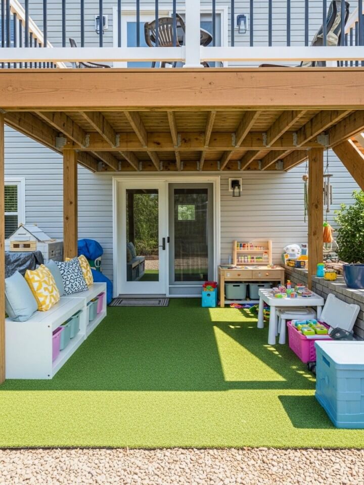 under deck kids play area with soft flooring and storage