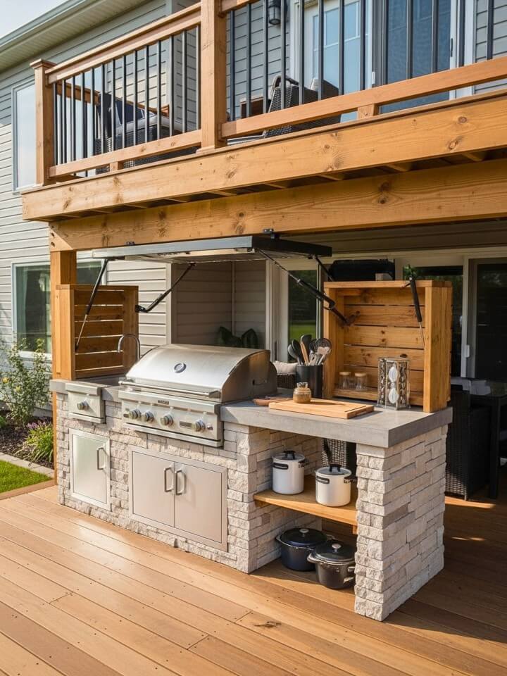 under deck outdoor kitchen with grill and counter space