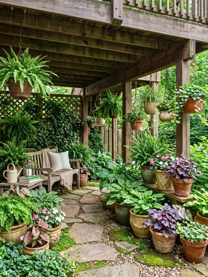 under deck patio shade garden with planters and greenery