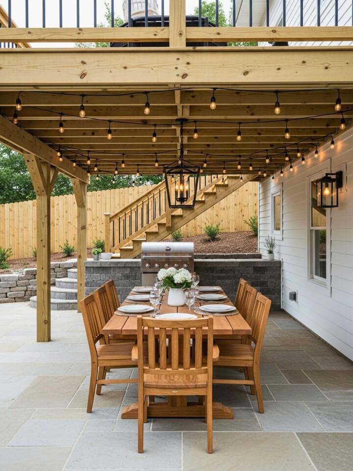 under deck rustic dining area with wooden table setup