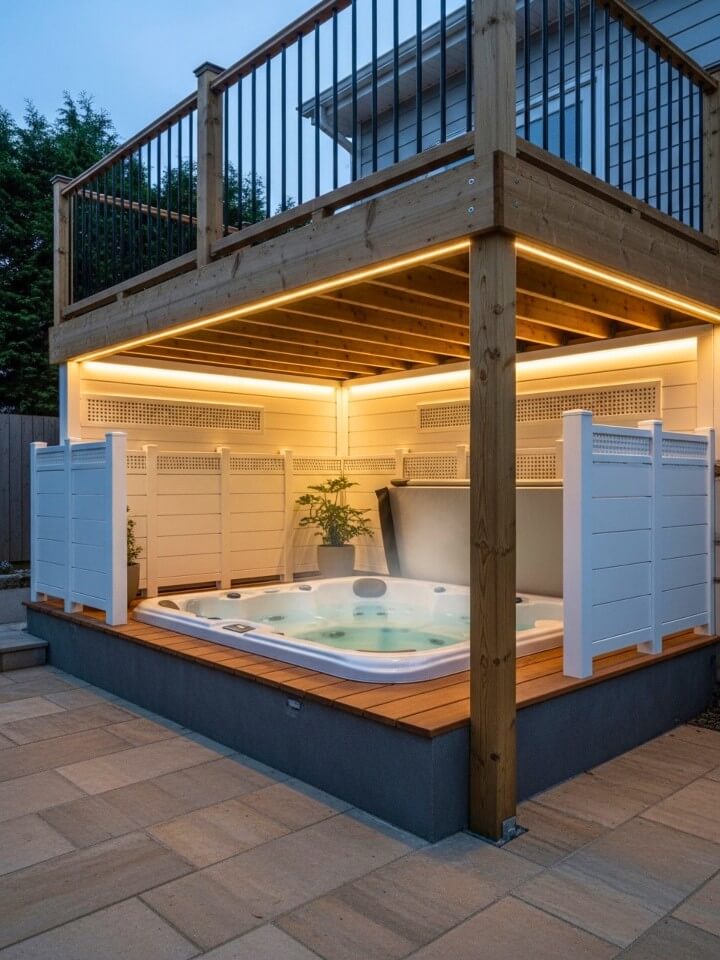 under deck spa corner with hot tub and privacy panels