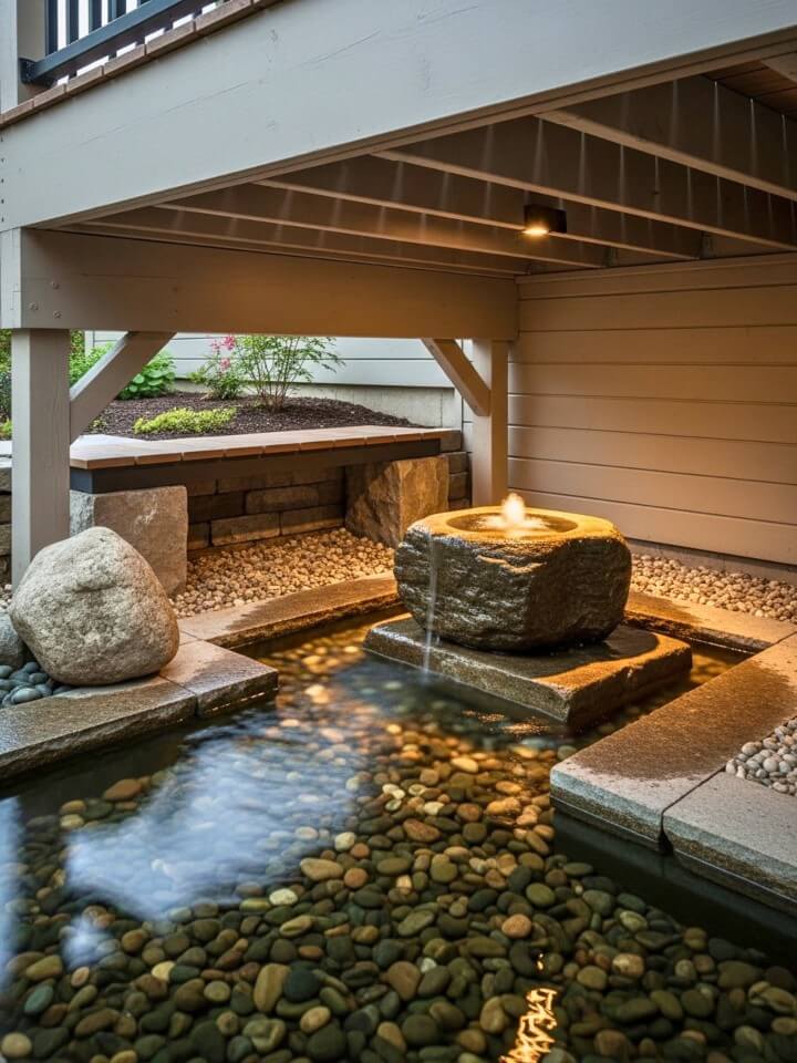 under deck water feature corner with stone fountain