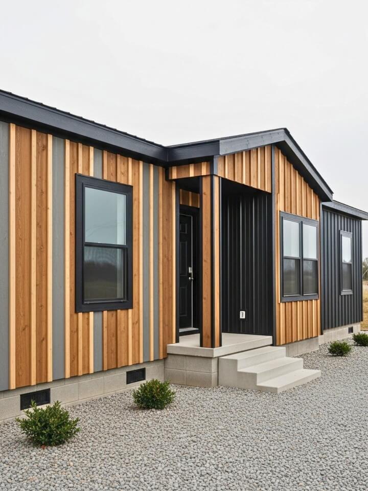 vertical board and metal hybrid exterior siding design for mobile home