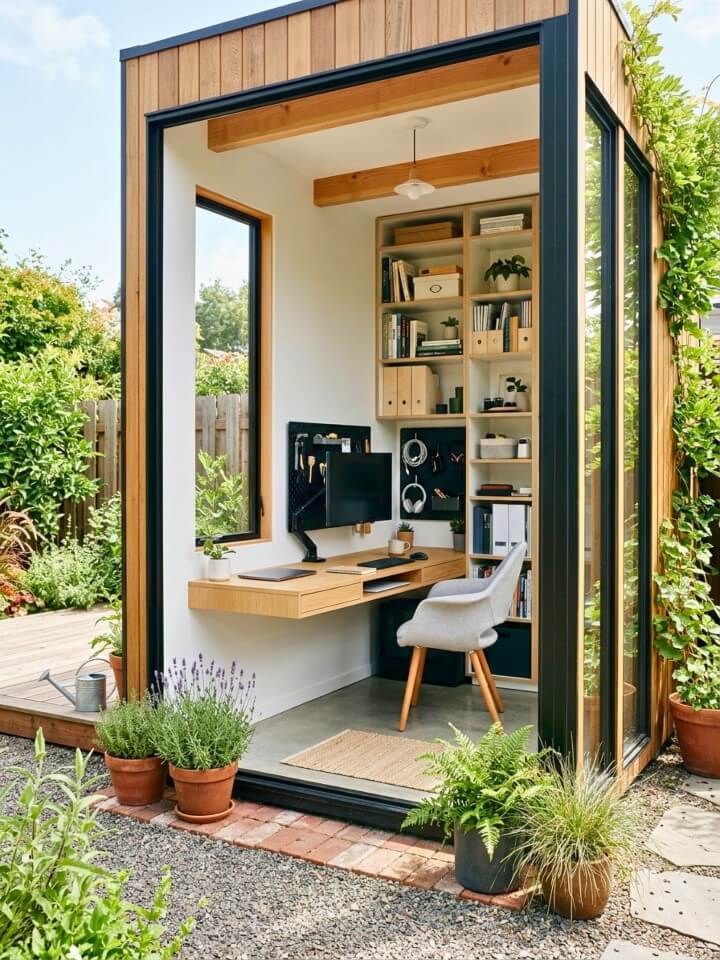vertical storage optimized work shed office design
