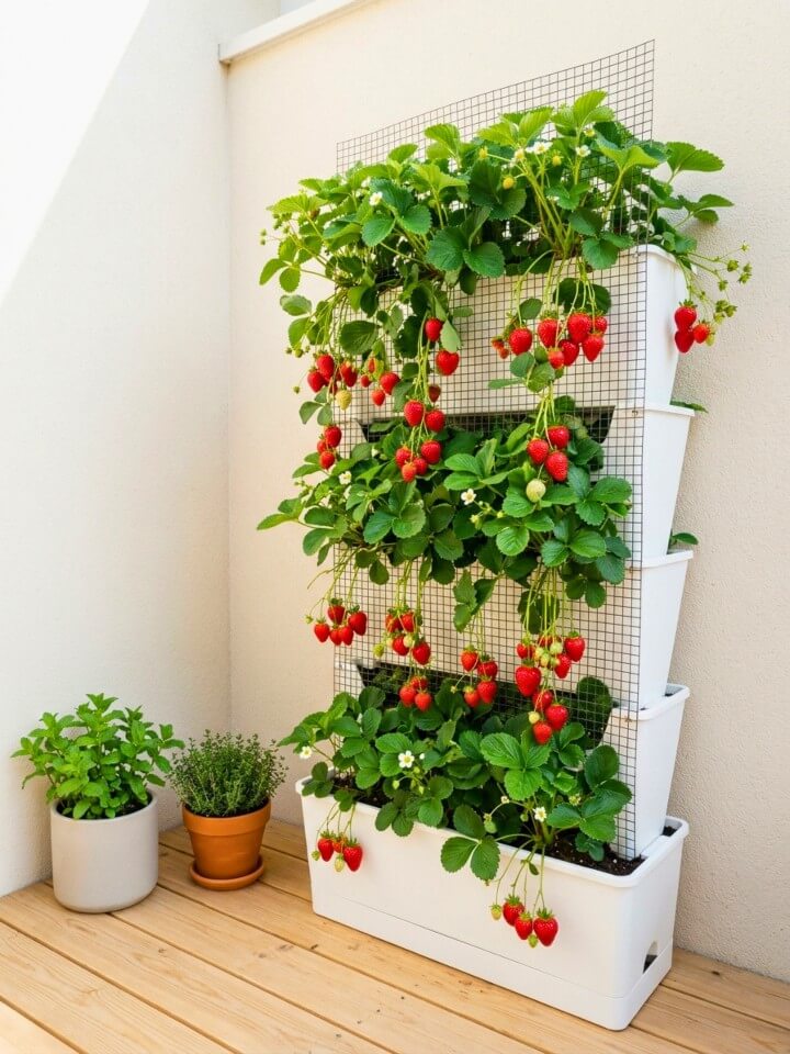 vertical strawberry planter box with trellis mesh garden setup