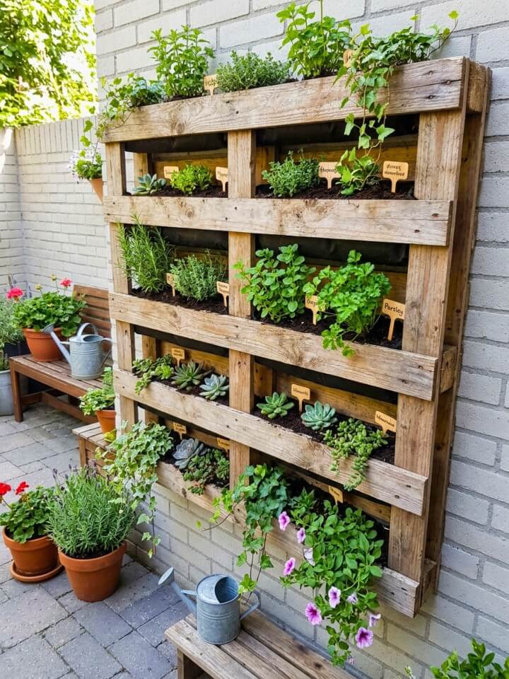 vertical wall mounted pallet garden for herbs