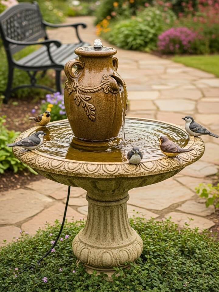 vintage birdbath fountain in classic garden