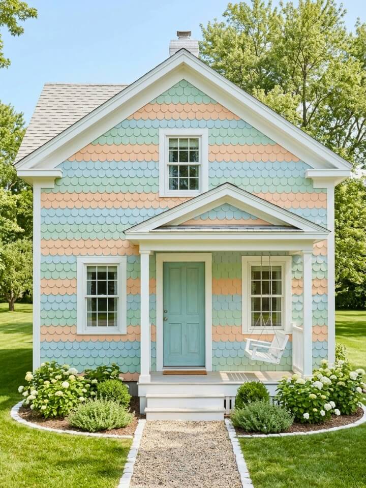 vintage pastel coastal cottage exterior