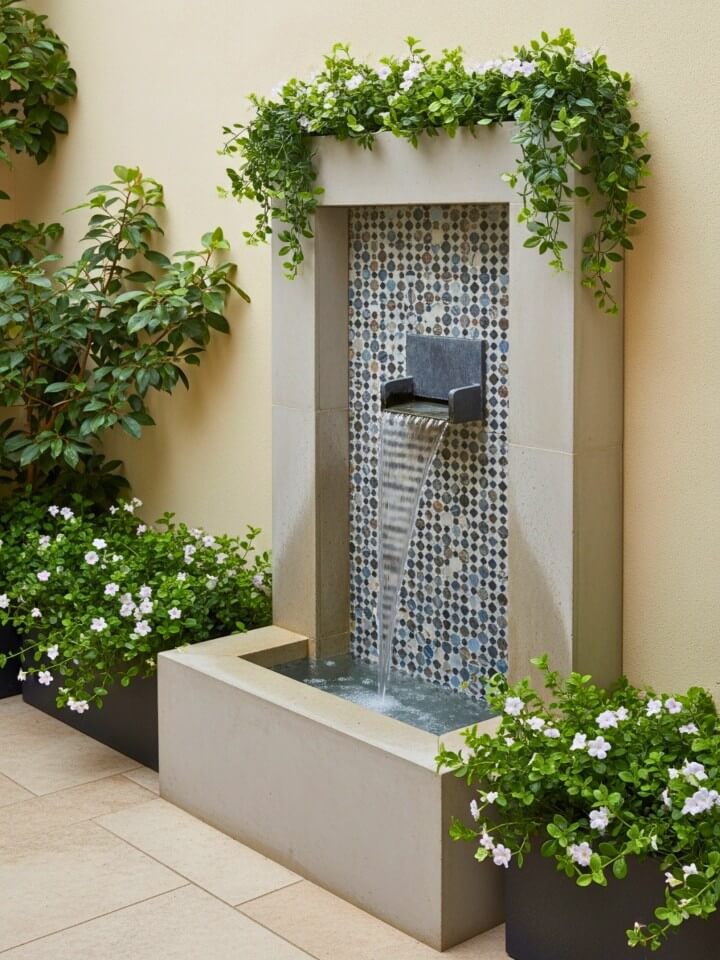 wall recess fountain with plants in courtyard
