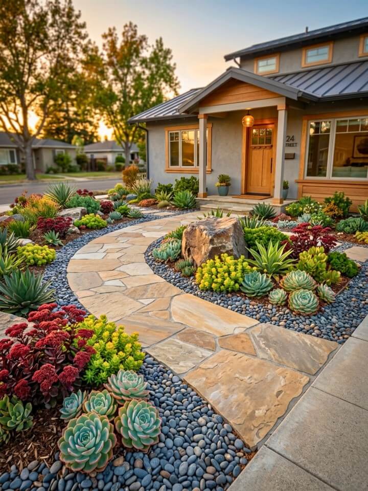 welcoming stone path in a front yard low maintenance succulent garden