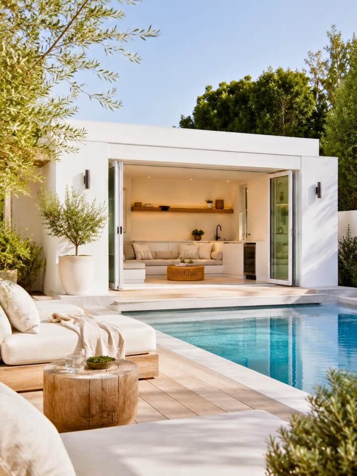 white poolside house with clean modern lines
