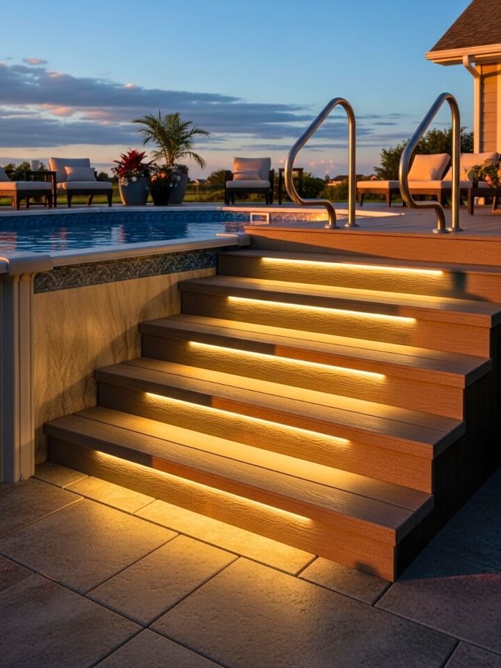 wide entry steps with built in pool lighting