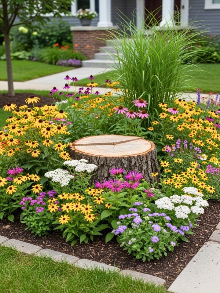 wildflower meadow tree stump landscaping concept