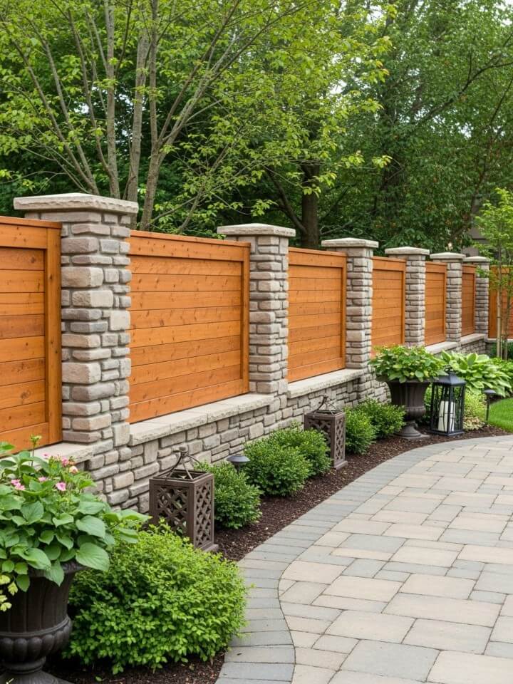 wood fence with stone posts